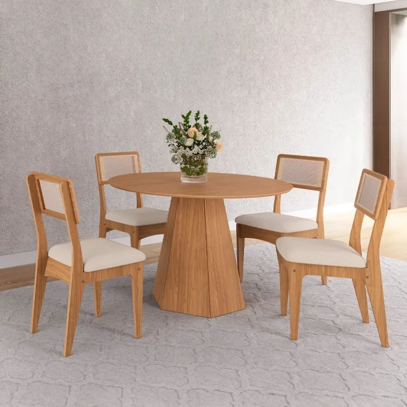 Conjunto Sala de Jantar Mesa Lisboa Hexagonal com 4 Cadeiras Palha Sintética 100% MDF