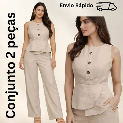 CONJUNTO FEMININO ELEGANTE CHIC CALÇA PANTALONA+COLETE ACINTURADO COM ZÍPER MODELAGEM