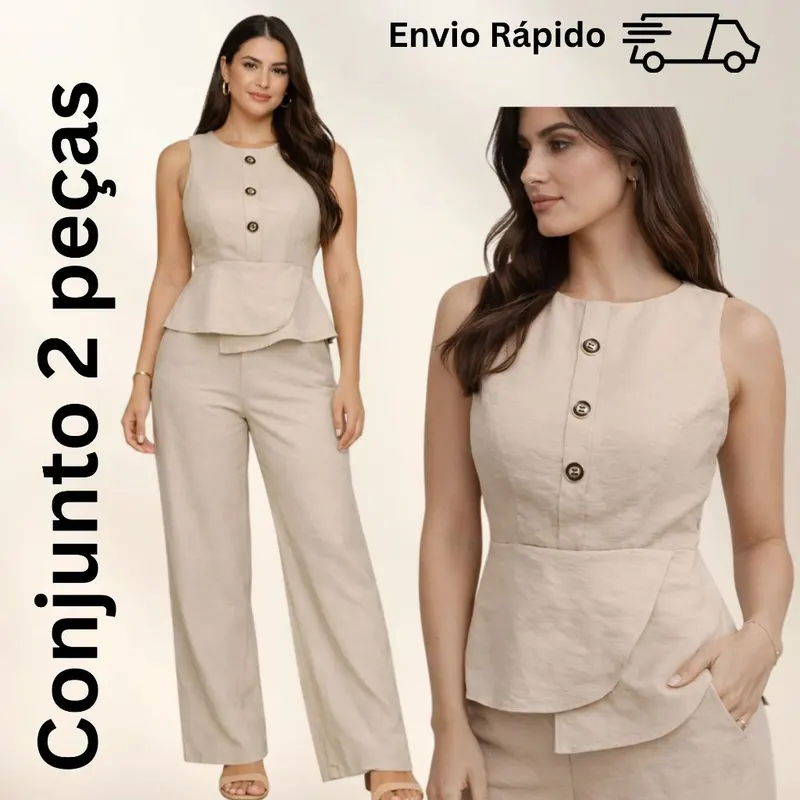 CONJUNTO FEMININO ELEGANTE CHIC CALÇA PANTALONA+COLETE ACINTURADO COM ZÍPER MODELAGEM