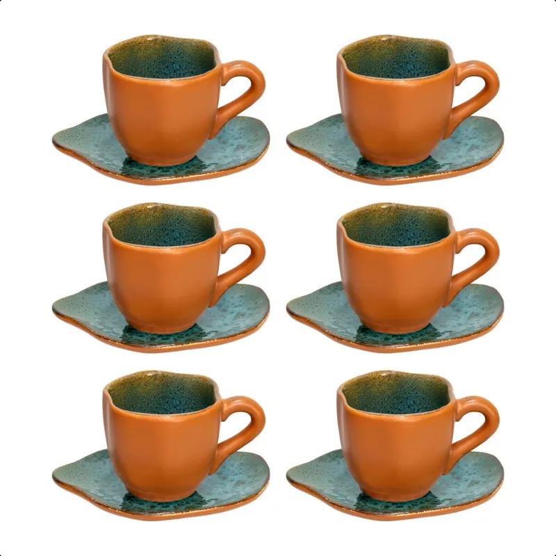 Kit 6 Xícaras De Café E Pires Orgânicos De 180ml Em Cerâmica