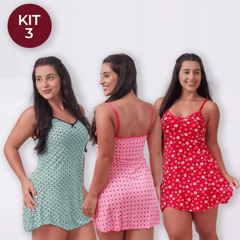 Kit 3 Camisolas Feminina de Poliéster Estampada Adulto Pijama Feminino Camisola Vestido