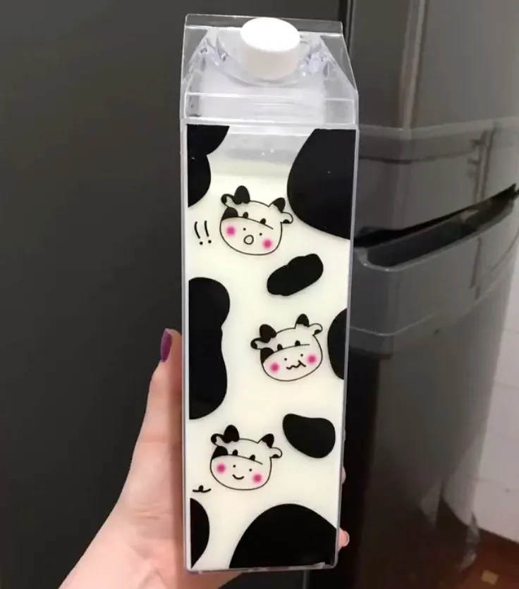 Garrafa de Acrílico Plástico Formato de Caixa de leite Geladeira Sem BPA Resistente 500ml e 1L