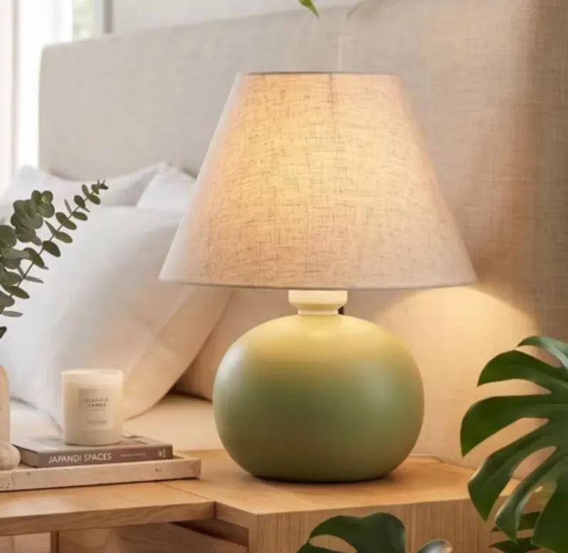 Abajur Bolinha Pequeno Cerâmica Artesanal com Cúpula de Tecido | Luminária de Mesa para Quarto, Sala, Escritório