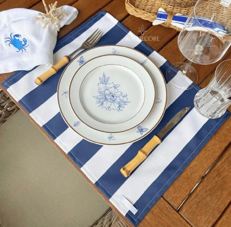 Jogo Americano Stripe Navy Blue 35x45 Impermeável Mesa Posta Louça Cozinha Jantar Tecido Premium