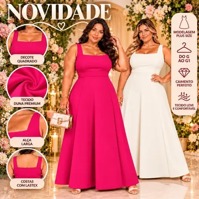 Vestido Plus Size Longo Feminino Liso com Lastex nas Costas Elegante Confortavel G GG G1