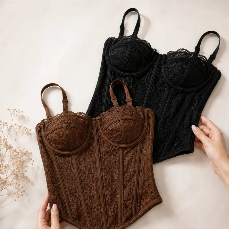 Cropped Corset Feminino Renda Premium Corselet Alça Regulável Modelagem Sexy Look Estiloso