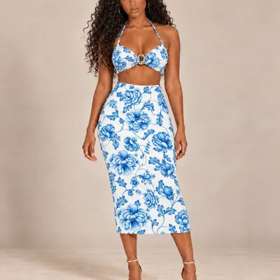 Conjunto Top e Saia Midi VIRA VESTIDO cropped estampado inspiração Far tendência Moda
