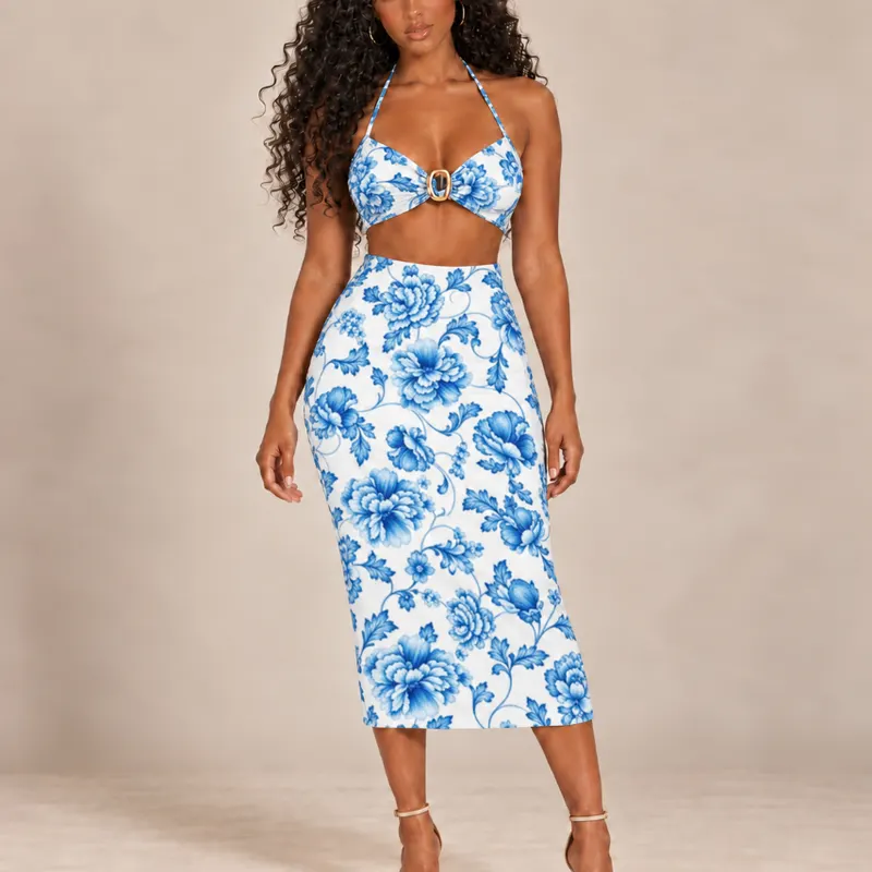 Conjunto Top e Saia Midi VIRA VESTIDO cropped estampado inspiração Far tendência Moda