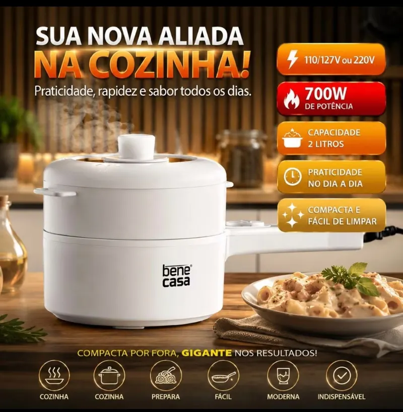Panela Elétrica Bene Casa Multicoocker 2L 220V ou 110(127)V Arroz, Legumes, Sopas, Ovos Antiaderente
