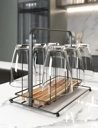 Porta Copos De Mesa Madeira Cozinha Pia Aço Preto Organização Mesa Posta