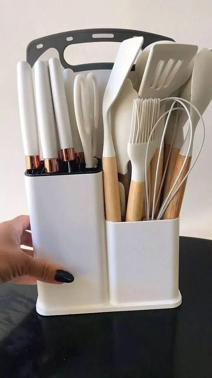 Kit 19 Peças Jogo de Utensílios Para Cozinha em Silicone Com Cabo de Madeira Completo