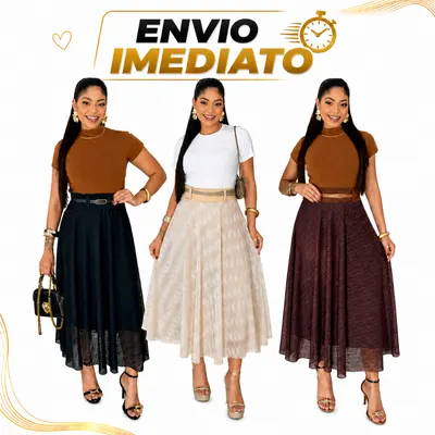 Saia Midi Tule Trabalhada Luxo Com Cinto Exclusivo Elegante Premium Moda Evangélica