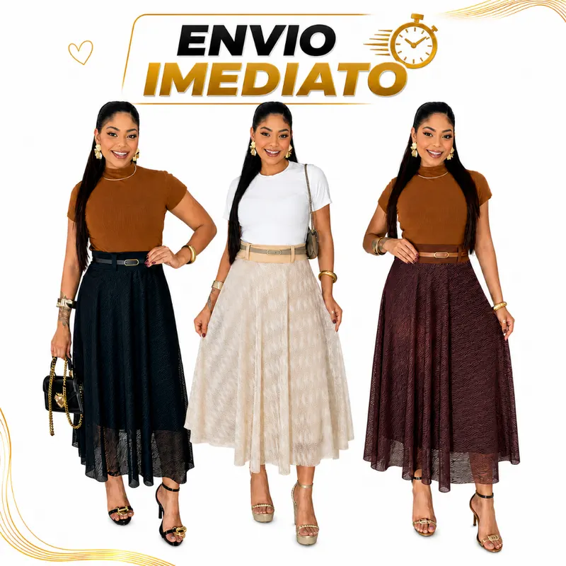 Saia Midi Tule Trabalhada Luxo Com Cinto Exclusivo Elegante Premium Moda Evangélica