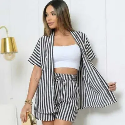 Conjunto Femenino KIMONO Estampado Blusa e Short com bolso