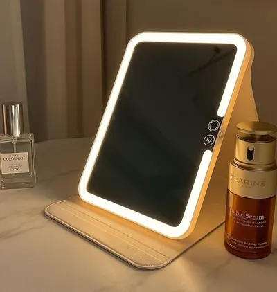 Espelho Decorativo Led Maquiagem Estética Recarregável Quadrado Capa De Couro Portátil Dobrável