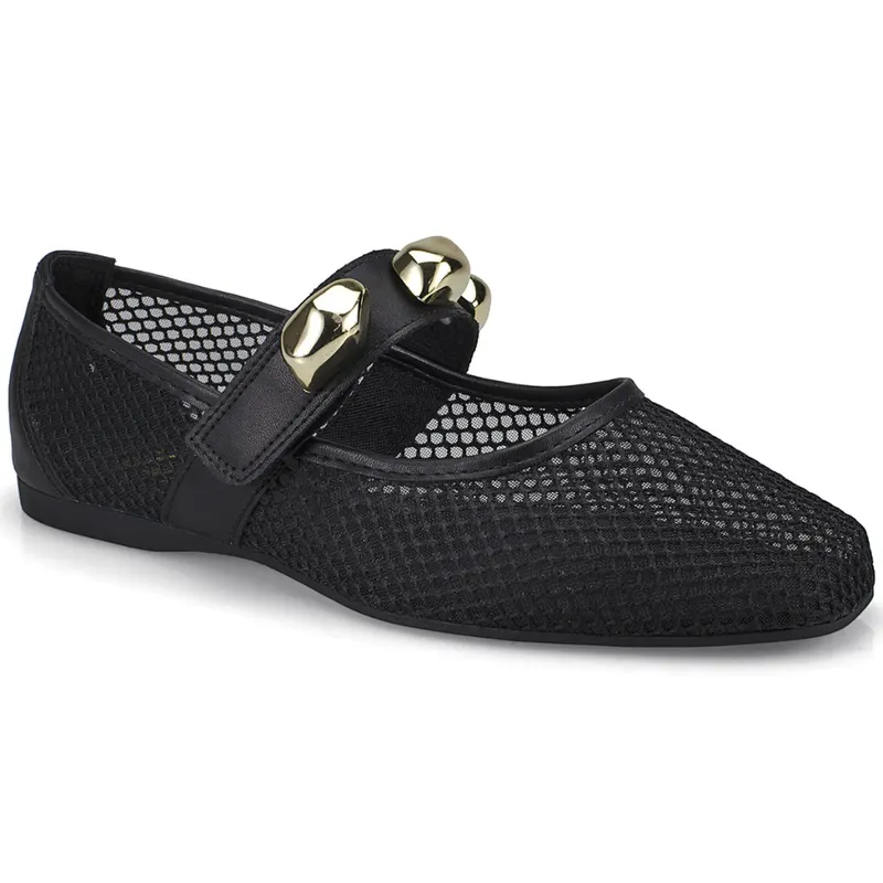 Sapatilha Feminina Tela Vazada Com Apliques Dourados Moda Confortavel 5701