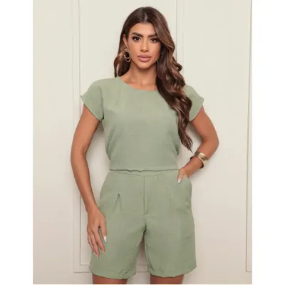Conjunto Short Blusa Linho Cintura Alta C/ Elástico Feminino - PRONTA ENTREGA | ENTREGA