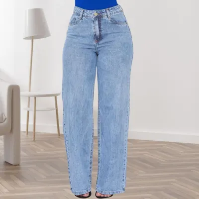 Calça Wide Leg Pantalona Jeans Feminina Cintura Alta Levanta Bumbum Marmorizada cos alto