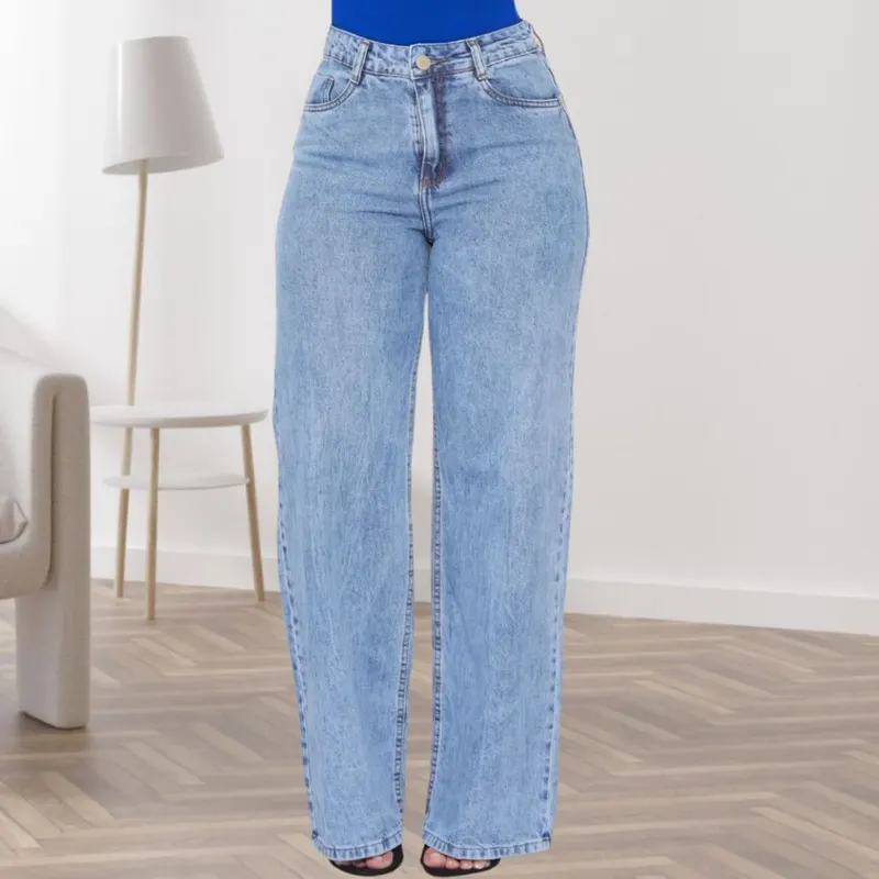 Calça Wide Leg Pantalona Jeans Feminina Cintura Alta Levanta Bumbum Marmorizada cos alto