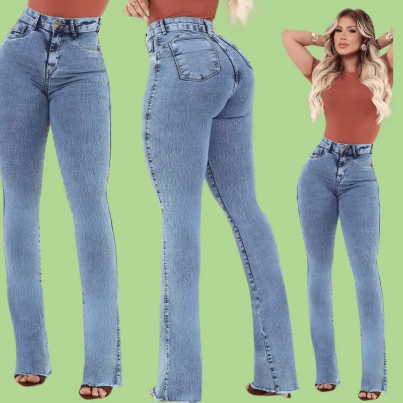 Calça Feminina Jeans Flare Cós e Cintura Alta Levanta Bumbum Com Lycra Elastano Bolsos Traseiros Pronta Entrega Promoção!