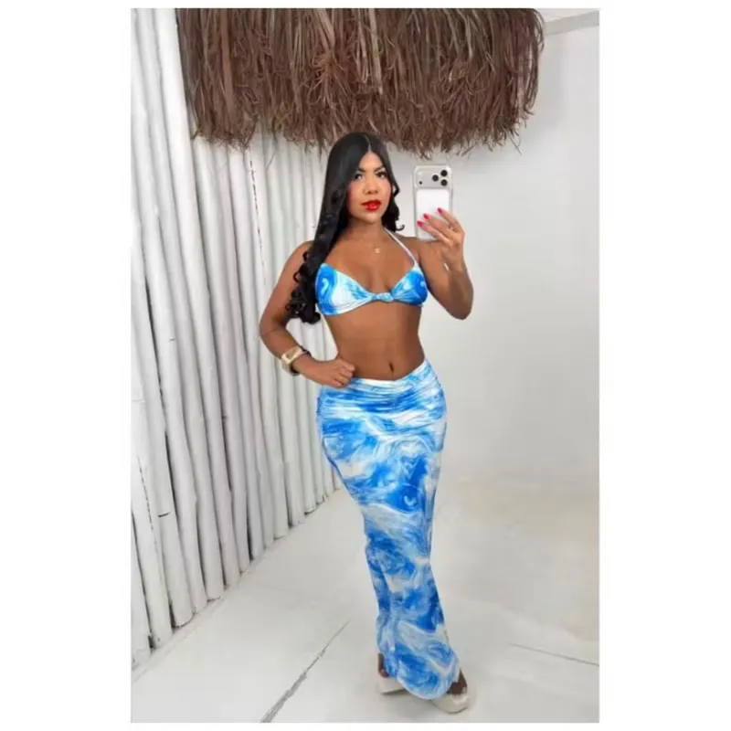 Conjunto Mirela Mesclado conjunto feminino cropped saia longa midi drapeada efeito empina