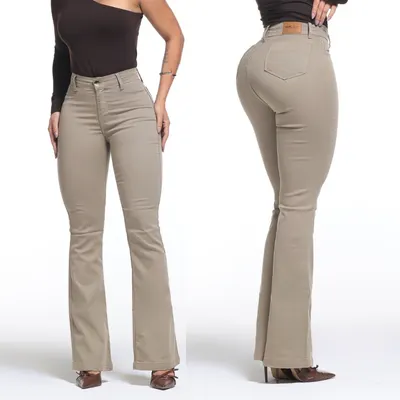 Calça Feminina Flare Pantalona Bege Jeans Premium Empina Bumbum Boca de Sino Cos Alto Com