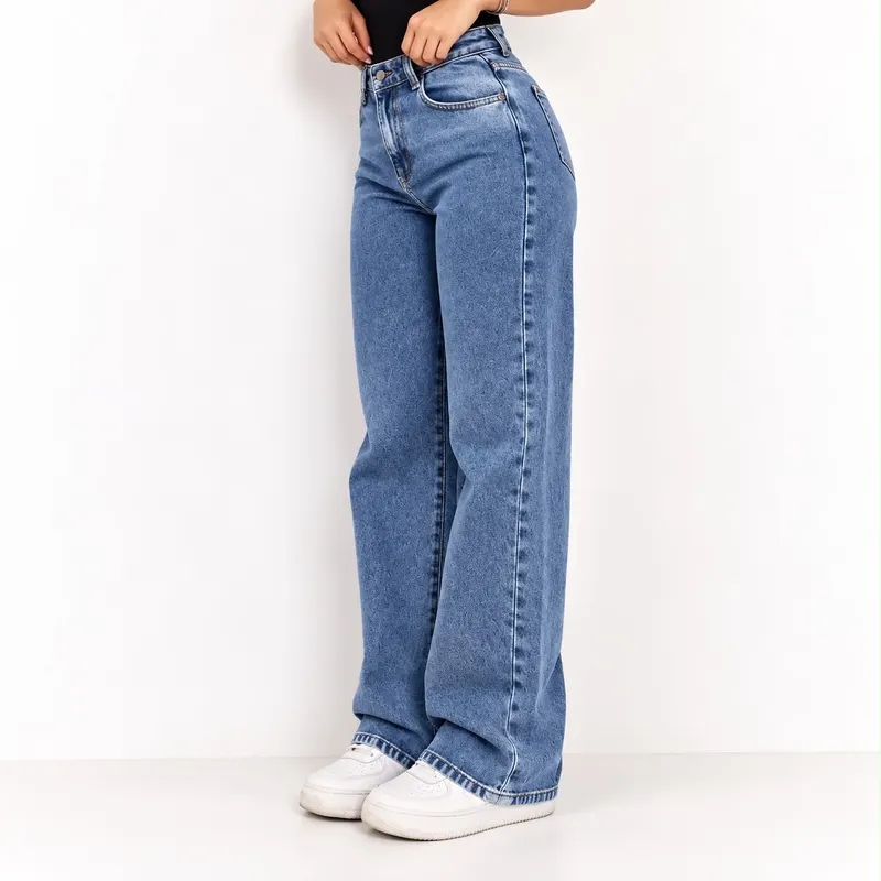 Calça Jeans Wide Leg Feminina Cintura Alta Pantalona Jeans Marmorizado Liso 34