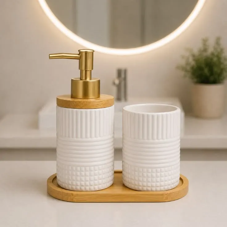 Kit Banheiro Lavabo 3 Peças Dispenser Sabonete Líquido Porta Escova com Bandeja Suporte Bambu Natural